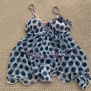Blue pink bows polka dot two piece set from Victoria's Secret, 34B top; S/M